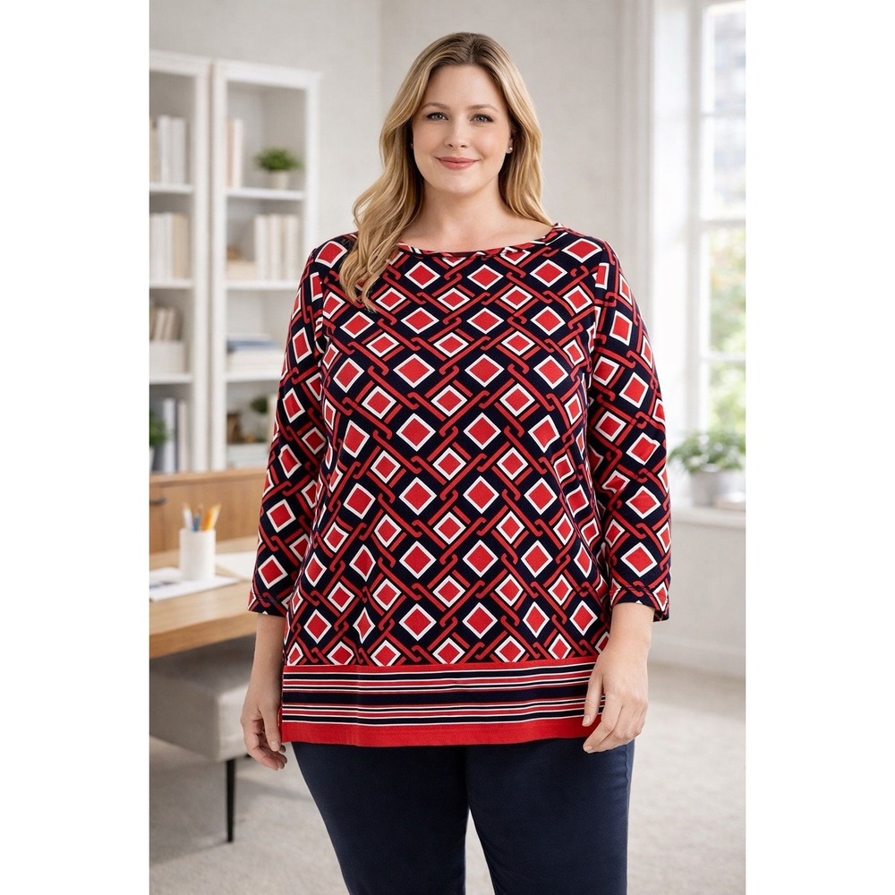 Talbots 3X Geometric Print Knit Top Red Navy Plus Size Long Sleeve